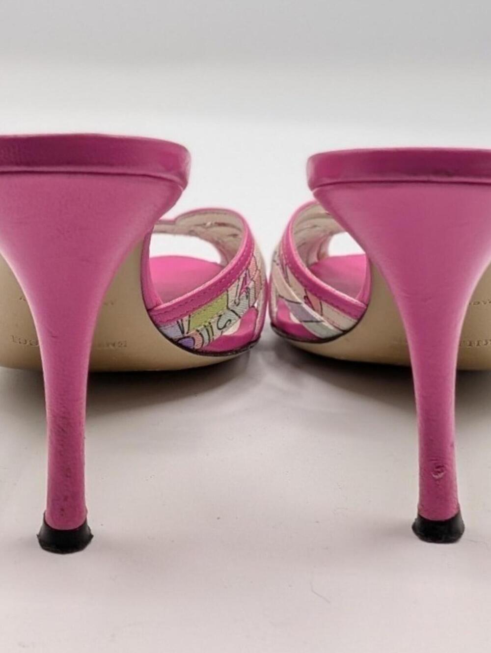 Emilio Pucci 37 EU 6.5 US Pink Leather Floral Kitten Heel Mules Made in Italy - Picture 5 of 13